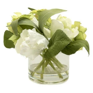 Композиция из искусственных цветов в вазе ТЮЛЬПАНЫ И ГОРТЕНЗИИ UNICO  255442 Белый;желтый;зеленый