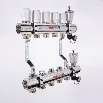 VTc.594.EMNX.0705 Коллекторный блок латунный c термостатическими и балансировочными клапанами Valtec 1 1/4", 5 x 3/4", "евроконус"  - Вид №3