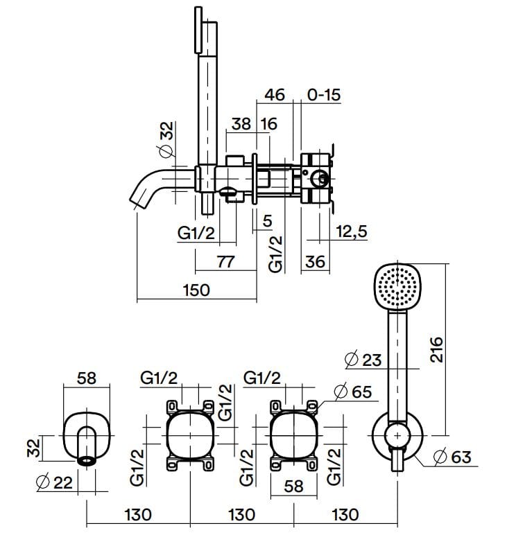 Настенный смеситель для ванны из нержавеющей стали с ручным душем Quadrodesign супер ARCH-00134371 - Вид №2
