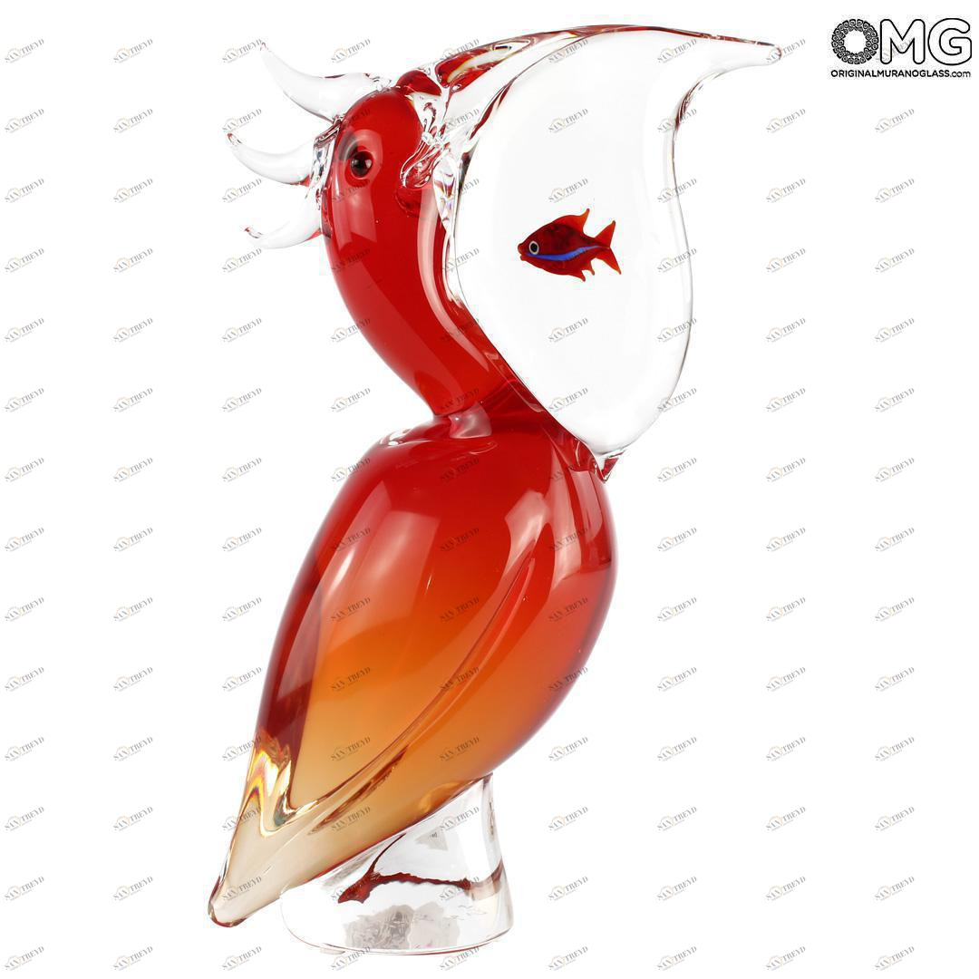 4355 ORIGINALMURANOGLASS Скульптура Красный Пеликан с рыбой - соммерсо - муранское стекло OMG 19 см 