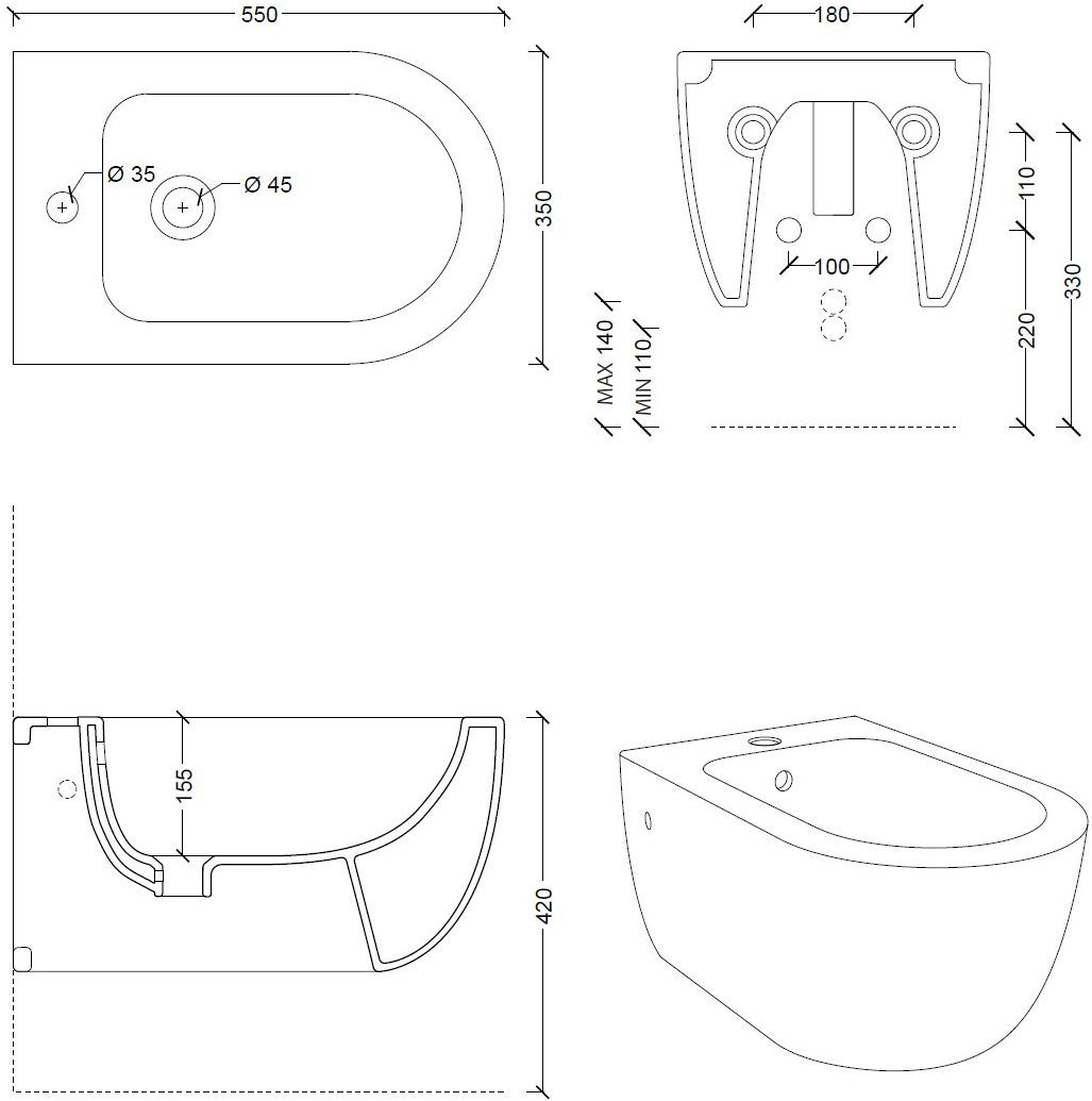 32230101,32250101 Биде подвесное UNICA Alice Ceramica - Вид №13