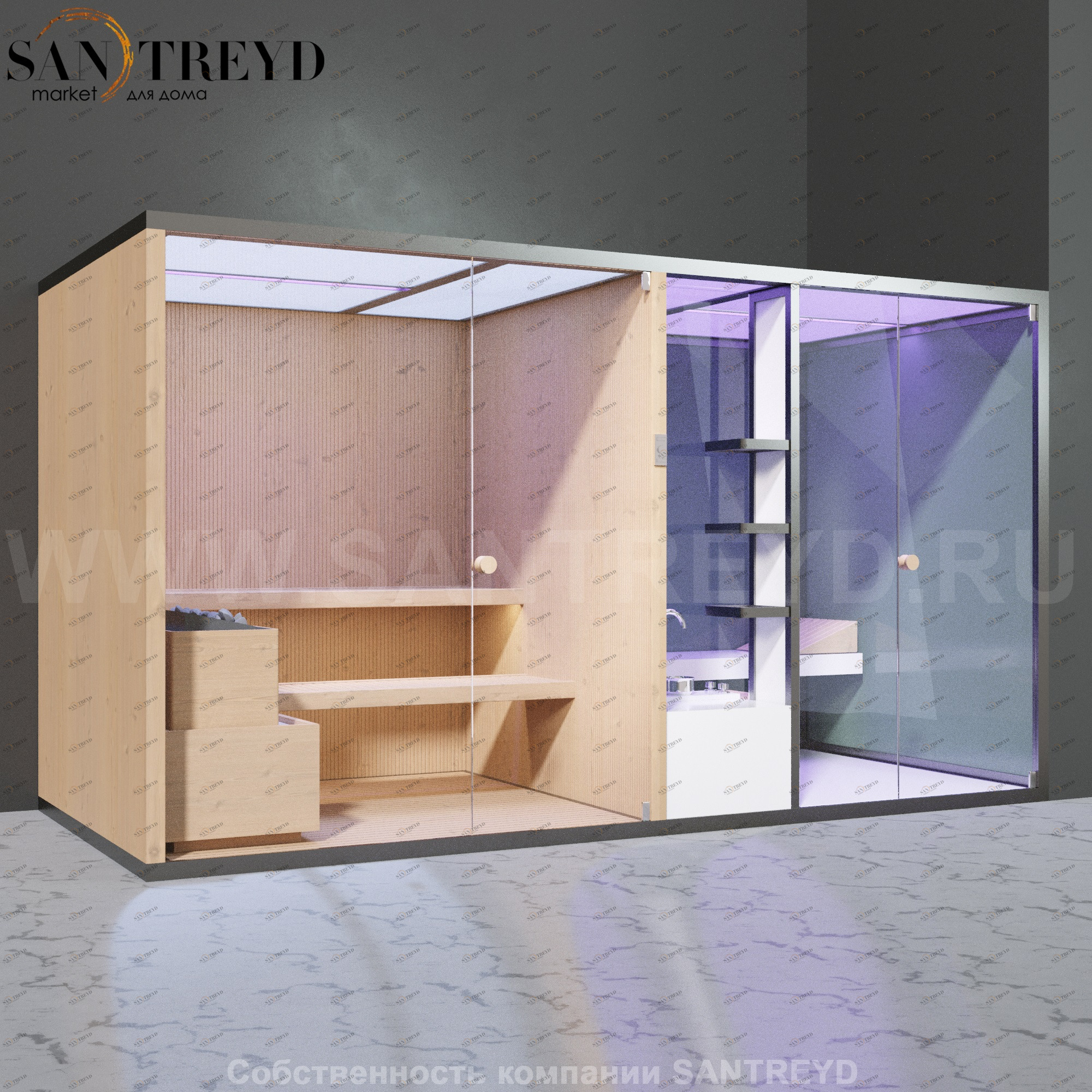 Effegibi BODYLOVE SH BL40130002 Фронтальная комбинированная баня: хаммам и сауна. Установка: в правый угол. Мощность: 15 кВт макс. Размеры: длина 393 см, ширина 176 см. Отделка: канадский хемлок, гладкое стекло и гладкий хемлок.