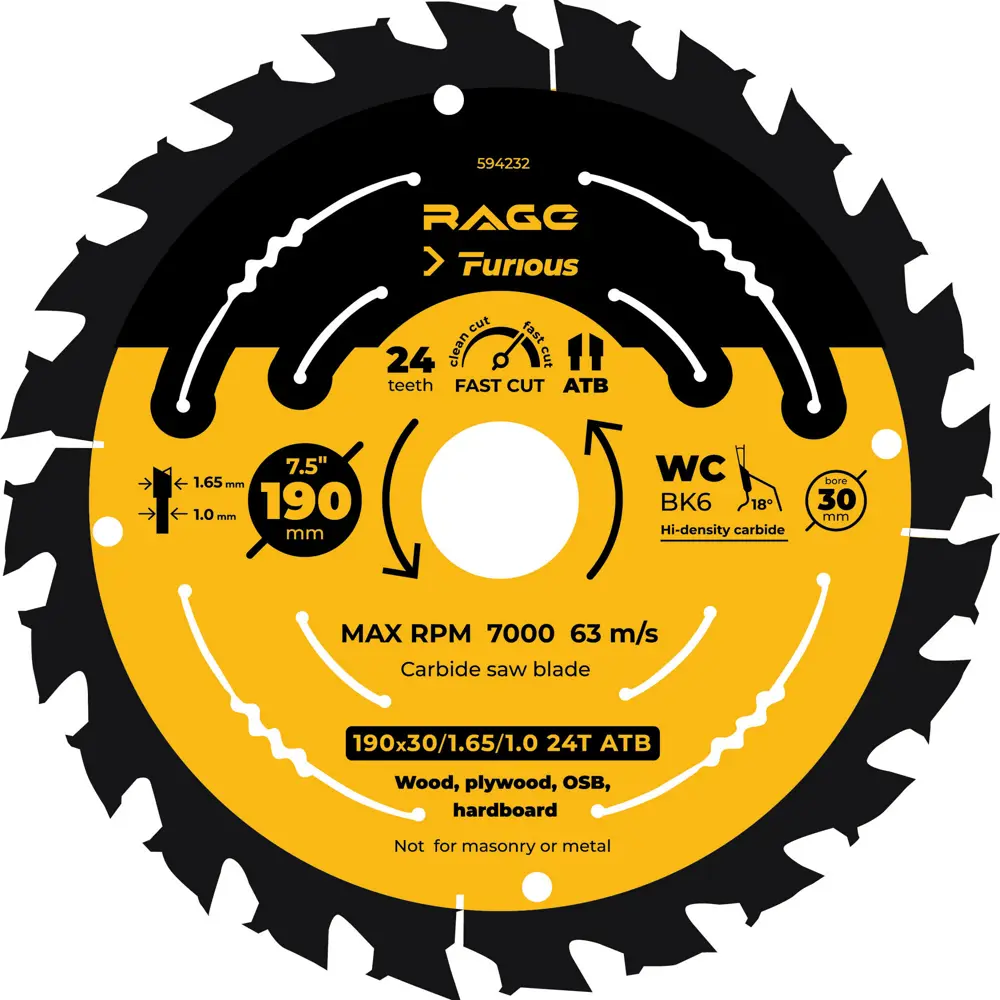 Пильный диск Rage Furious для скоростного реза древесины 190 мм 88928403