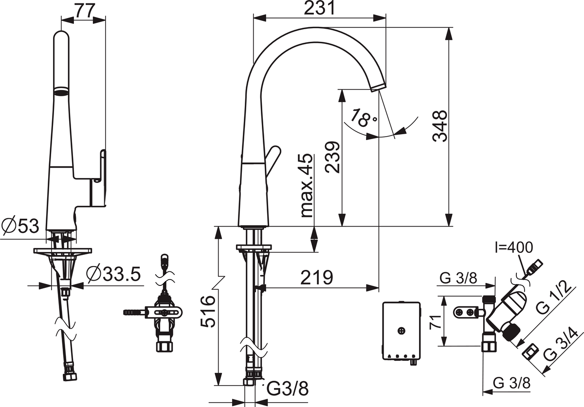 Oras 3035F Смеситель для кухни с клапаном, 3 V 3035F Inspera Хром  - Вид №1