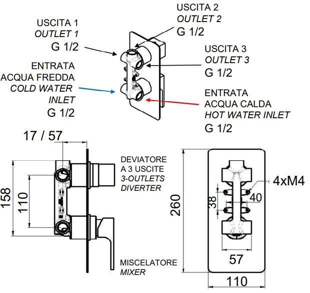 Remer Rubinetterie Смеситель для душа настенный с переключателем Absolute Au-93, au-92 - Вид №2