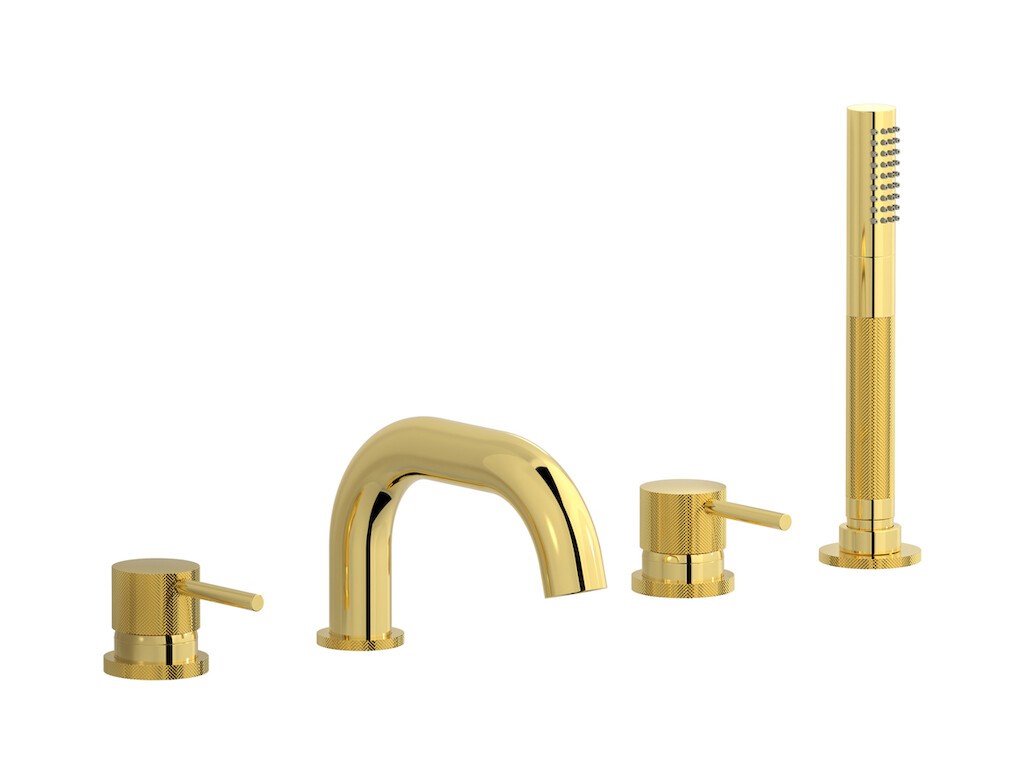 Смеситель на бортик ванной на 5 отверстий с дивертером и душевым гарнитуром. WE ARE IB id396oo Gold Industria