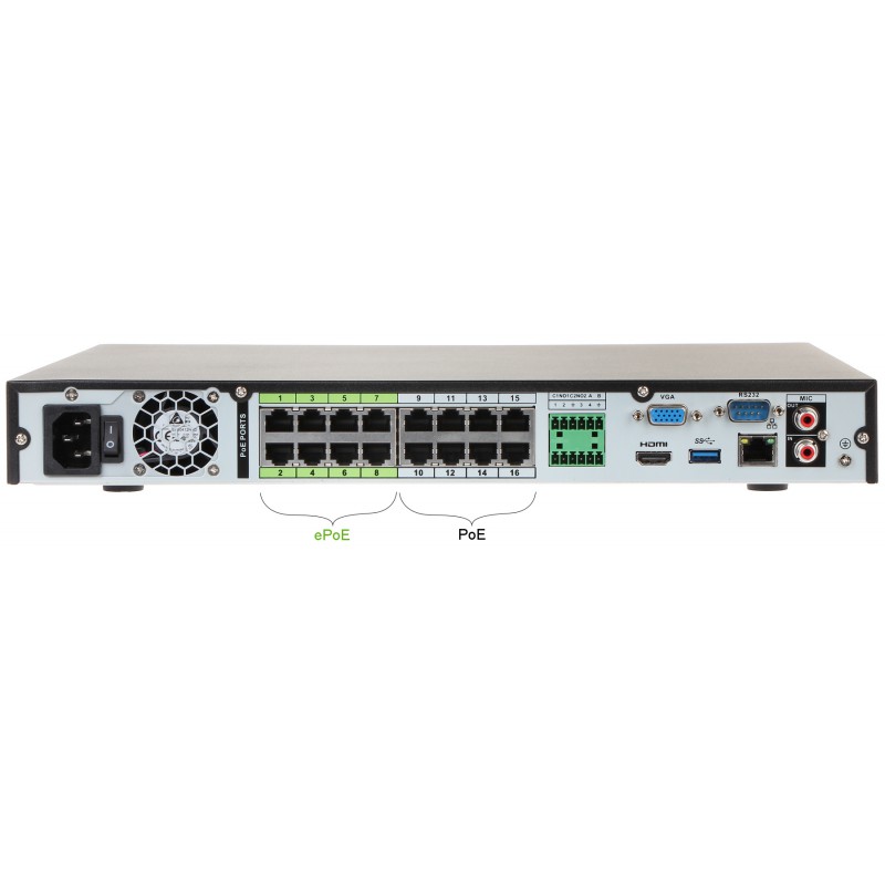 DHI-NVR5216-16P-4KS2E Видеорегистратор ip 16-и канальный 4k с 16-ю poe портами, видеоаналитика: с камер: ivs, детекция лица (fd), распознавание номеров тс (с itc-камерой), тепловая карта, подсчет людей, умный поиск, pos, развертка fisheye, поддержка тепло Santreyd  - Вид №1