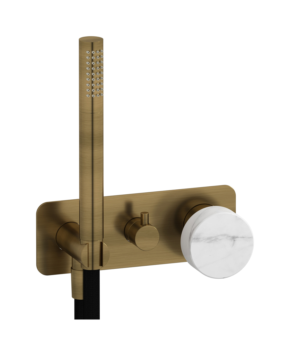 Внешние части встроенного в стену смесителя на 2 потребителя в комплекте с душевым гарнитуром. WE ARE IB mr313mb_1 Modern Bronze Marmo