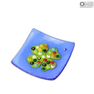 1636 ORIGINALMURANOGLASS Квадратное блюдце Четырехлистник - голубое с мурринами миллефиори - муранское стекло 9 см