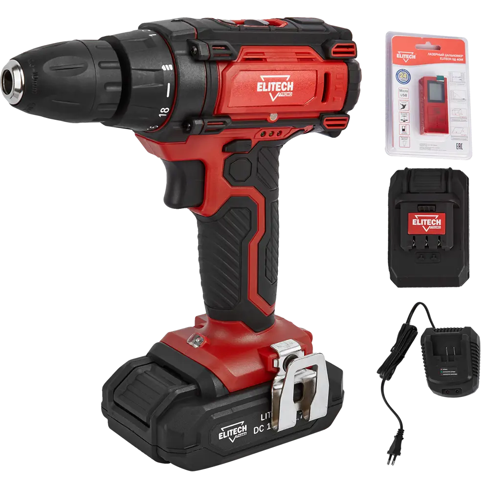 Дрель аккумуляторная Elitech ДА18СЛ2, 18 В Li-ion 2х1.7 Ач 85560633 STLM-2125818 
