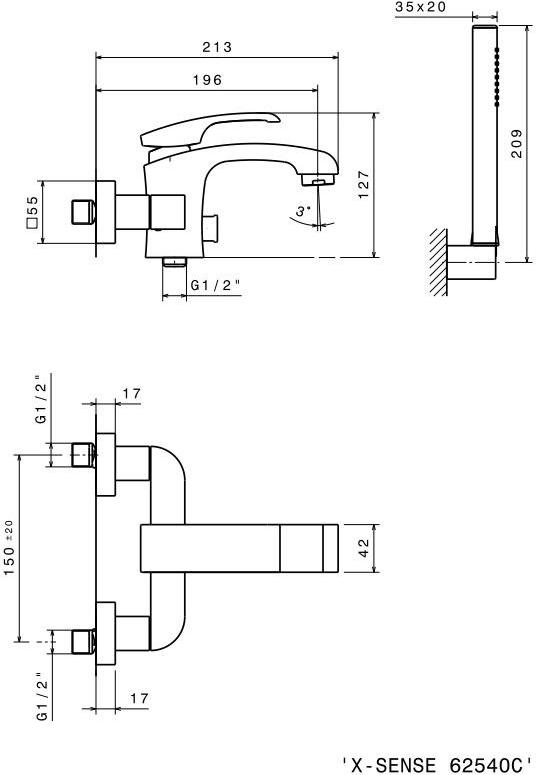 newform Смеситель для ванны настенный с ручным душем на 3 отверстия X-sense 62540/c - Вид №1