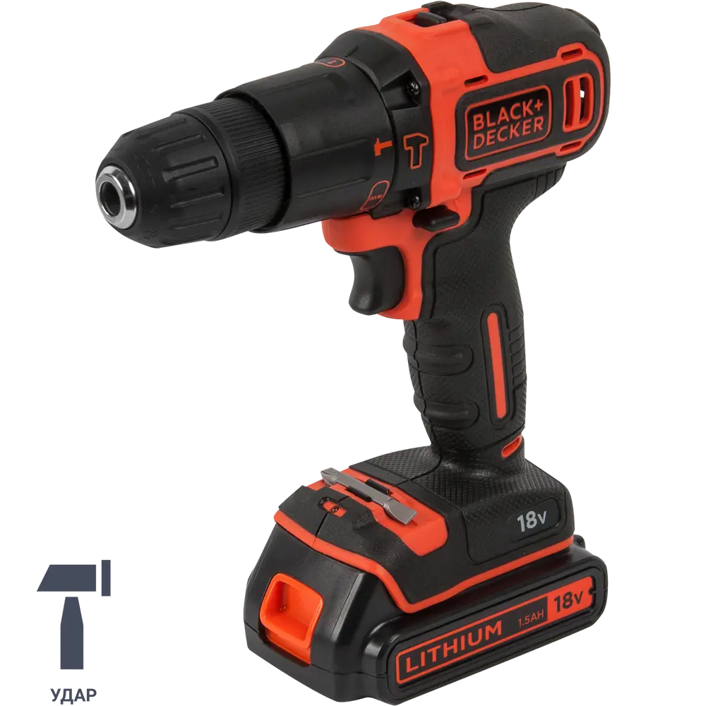 Дрель-шуруповерт аккумуляторная ударная Black&Decker BDCHD18KBQW, 18 В Li-ion 2x1.5 Ач BLACK + DECKER STLM-2094937
