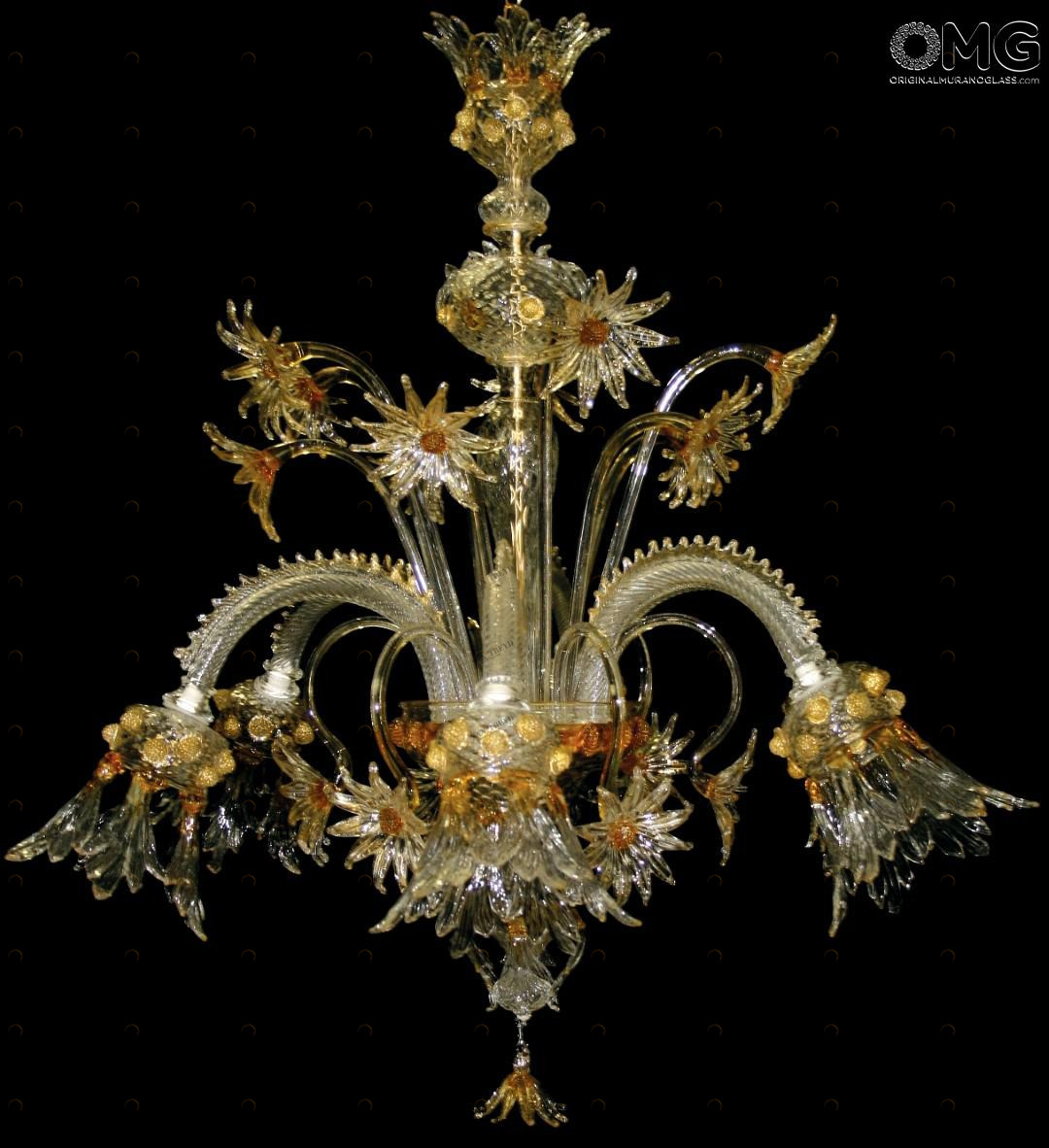1282 ORIGINALMURANOGLASS Люстра Королевский Гибискус с золотом - Флорал - муранское стекло OMG  см CLASSICO