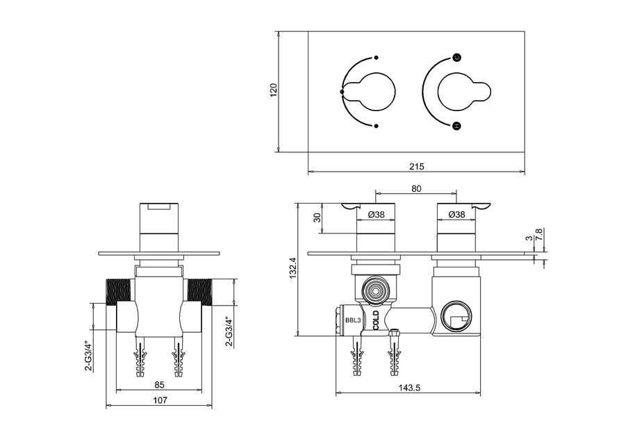 Встраиваемый термостат на 2 выпуска [V51] Britton Burlington V51 120 x 215 x 132.4  - Вид №2