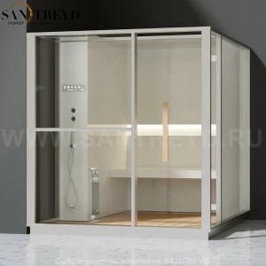 Effegibi LOGICA H LO30020006 Хаммам. Установка: в левый угол. Левая дверь. Мощность: 4,5 кВт макс. Размеры: длина 214 см, ширина 250 см. Отделка: матовый лакированный белый аллюминий и серый ламинат из керамогранита.