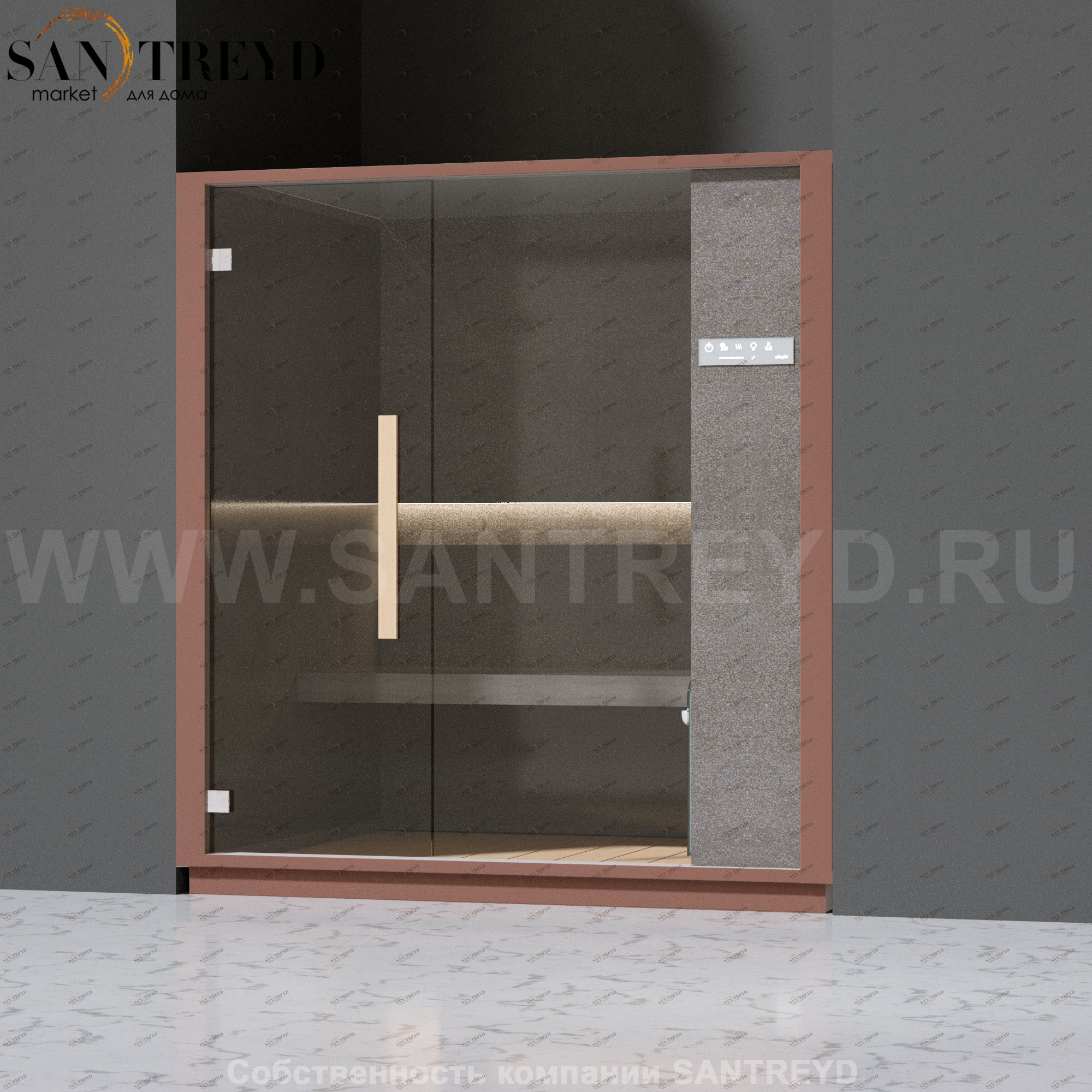 Effegibi ONE H LO60030009 Хаммам. Установка: в нишу. Правая дверь. Мощность: 4,5 кВт макс. Размеры: длина 214 см, ширина 171 см. Отделка: матовый лакированный коричневый аллюминий и темный ламинат из керамогранита.