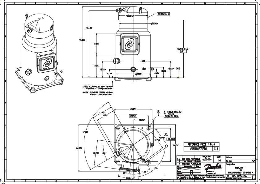 Danfoss SY — Герметичные спиральные компрессоры, R22, R134a, R407C SY185-4RI Компрессор спиральный SY185-4RI  - Вид №3