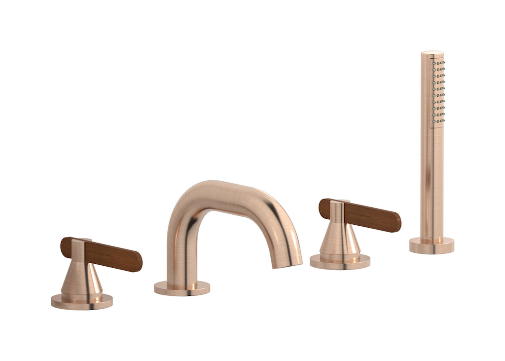 Смеситель на бортик ванной на 4 отверстий с дивертером и душевым гарнитуром. WE ARE IB ol397is Brushed Rose Gold Soho