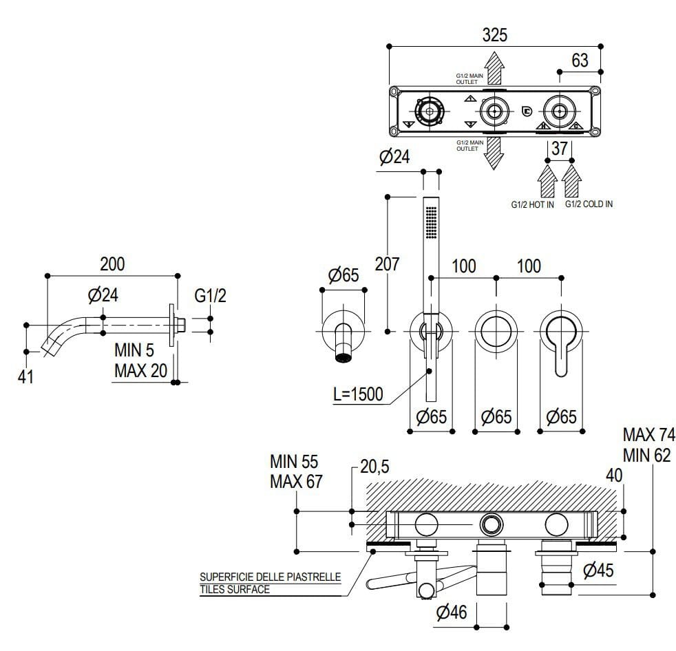 Настенный однорычажный смеситель для ванны с ручным душем Ritmonio Diametro35 Elegance ARCH-00030395 - Вид №2