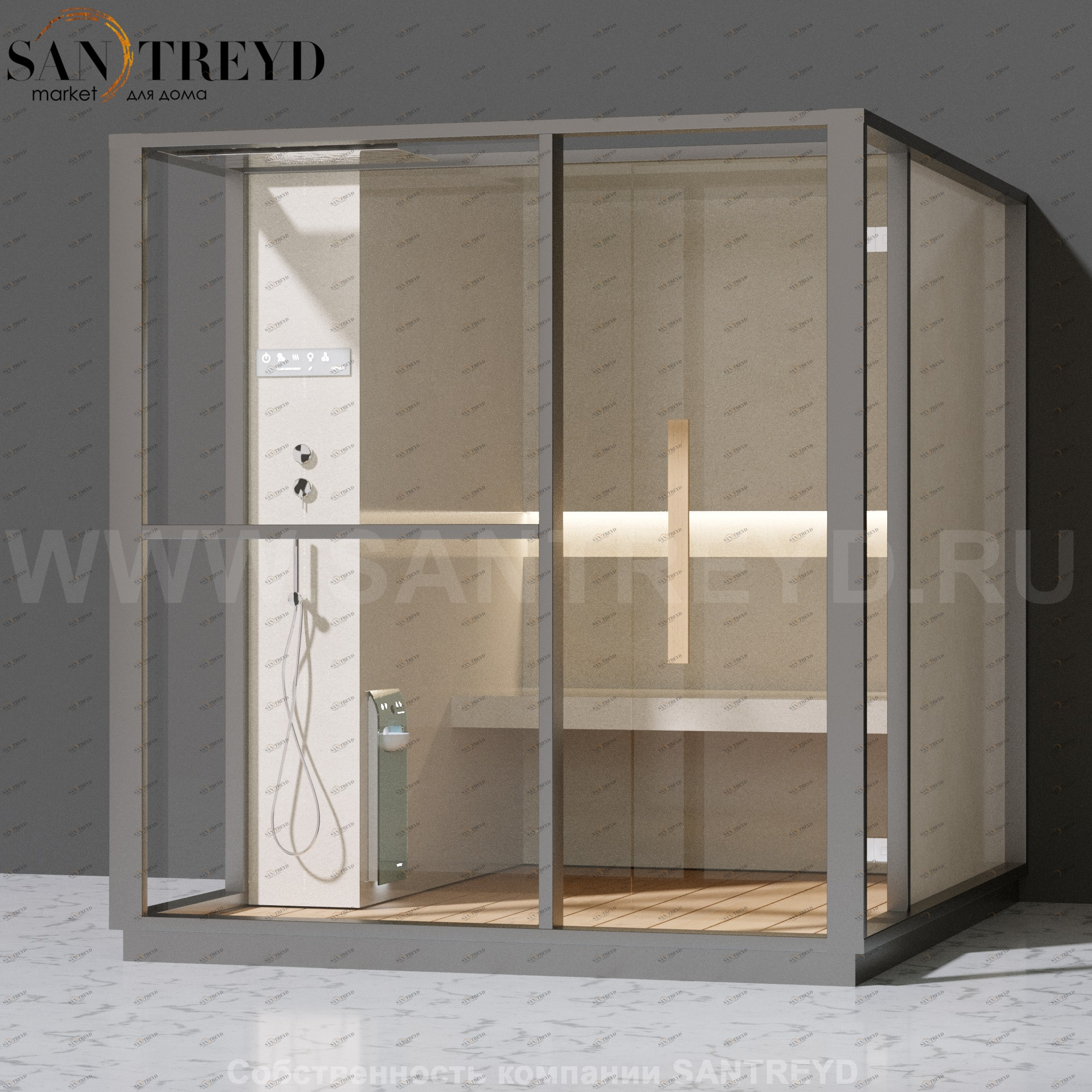 Effegibi LOGICA H LO30010002 Хаммам. Установка: к стене. Левая дверь. Мощность: 4,5 кВт макс. Размеры: длина 214 см, ширина 250 см. Отделка: матовый лакированный серый аллюминий и бежевый ламинат из керамогранита.
