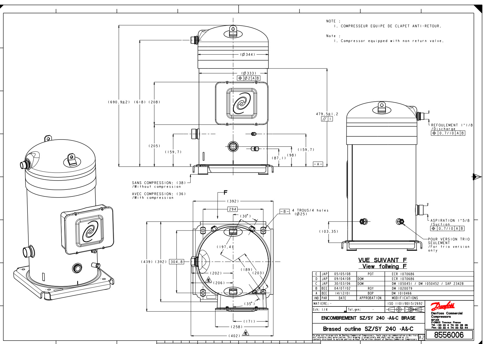 Danfoss SY — Герметичные спиральные компрессоры, R22, R134a, R407C SY185-4RI Компрессор спиральный SY185-4RI  - Вид №12