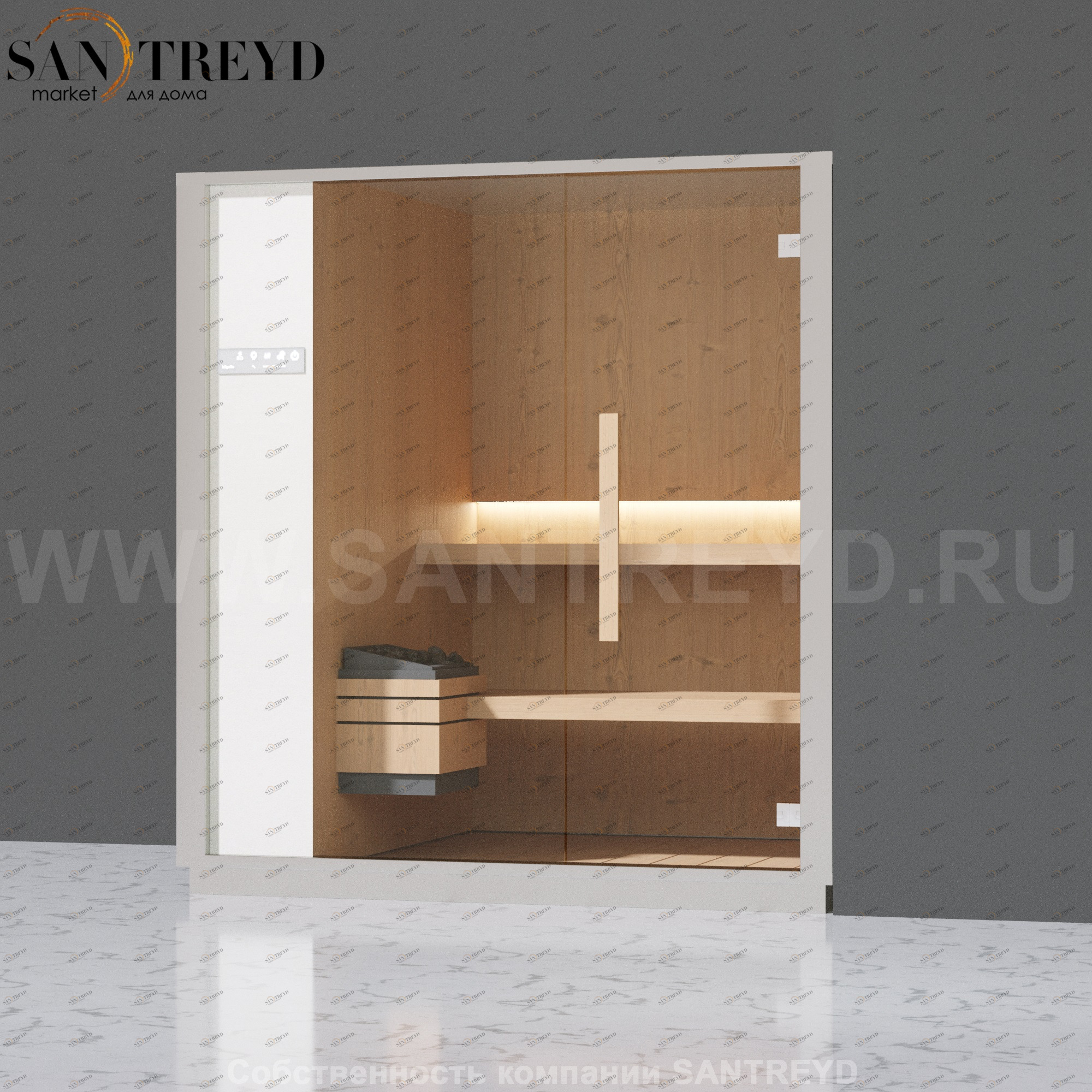 Effegibi ONE S LO50020008 Сауна. Установка: в правый угол. Левая дверь. Мощность: 6 кВт макс. Размеры: длина 214 см, ширина 171 см. Отделка: канадский хемлок, матовый лакированный серый аллюминий и бежевый ламинат из керамогранита.