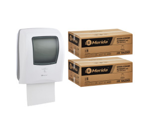 PROMO56 ОДИН белый автоматический бесконтактный диспенсер для полотенец за 200 злотых нетто при покупке 2 коробок полотенец ECONOMY AUTOMATIC RAZ301 (12 x 250 м = 3000 м, 11 760 листов) Merida