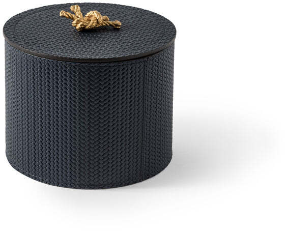 Круглая шкатулка Thalia - Ø 20XH8 см / хромированная металлическая отделка / тканая кожа серо-серого цвета