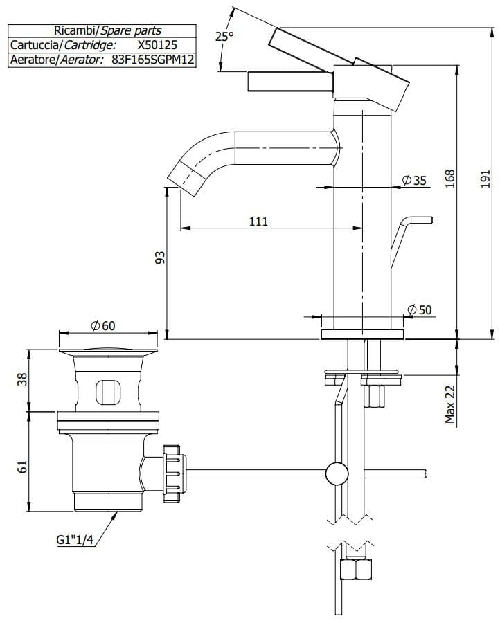 Однорычажный смеситель для раковины Remer Rubinetterie метрическая ARCH-00028735 - Вид №2
