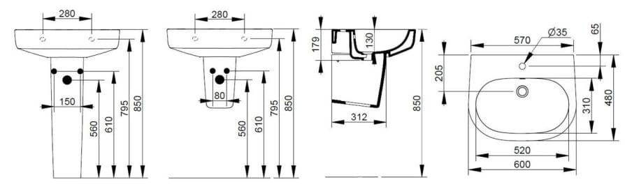 Овальная керамическая подвесная раковина с переливом Ceramica Dolomite мирт ARCH-00041879 - Вид №5