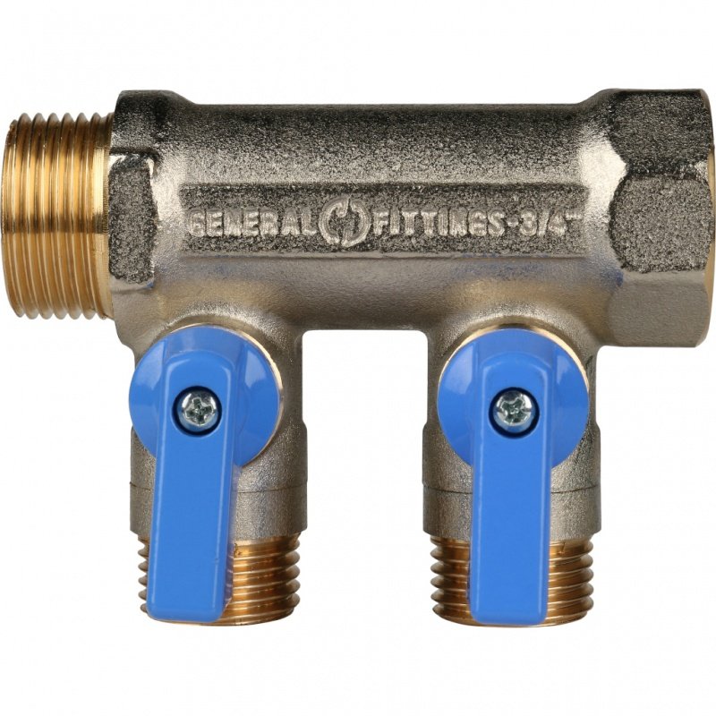 Коллектор с шаровыми кранами 3/4" STOUT 2 выхода 1/2", синие ручки SMB6201341202 - Вид №1