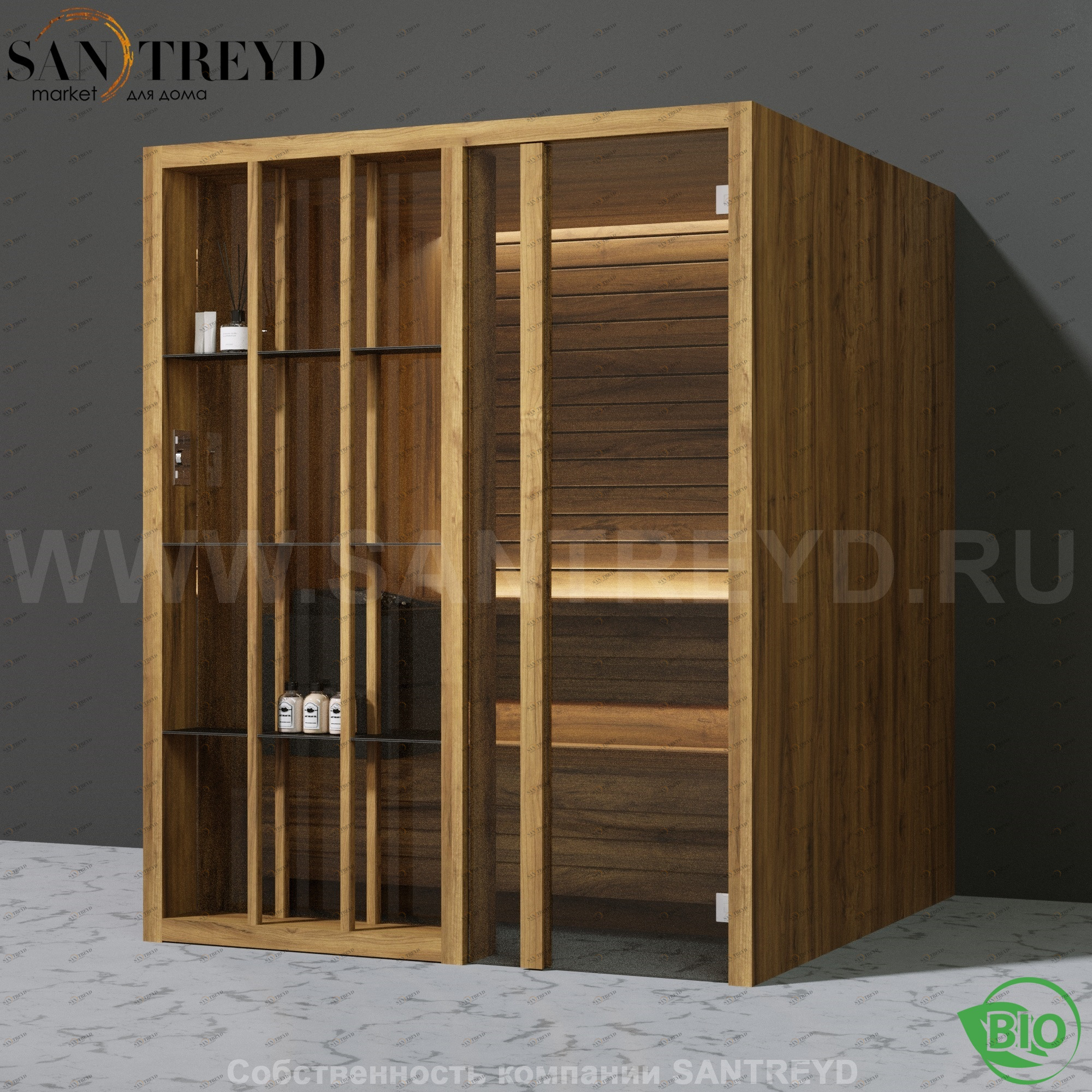 Effegibi YOKU.S60 BI.70100017 Био-сауна с правой дверью. Мощность: 6 кВт макс. Размеры: длина 174 см, ширина 170 см. Отделка: термообработанное дерево BI70100017