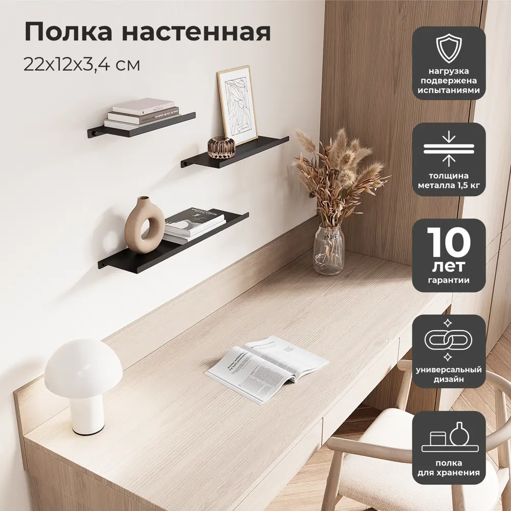 Полка настенная 22x12 см со скрытым креплением металл цвет черный 89390778 STLM-2193292 Santreyd  - Вид №11