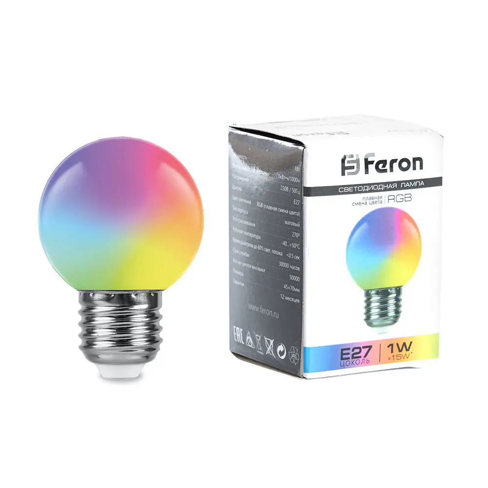 Лампа светодиодная Feron E27 LB-37 220 В 1 Вт шар регулируемый цвет света RGB матовый плафон 85499840 STLM-2108895  - Вид №1