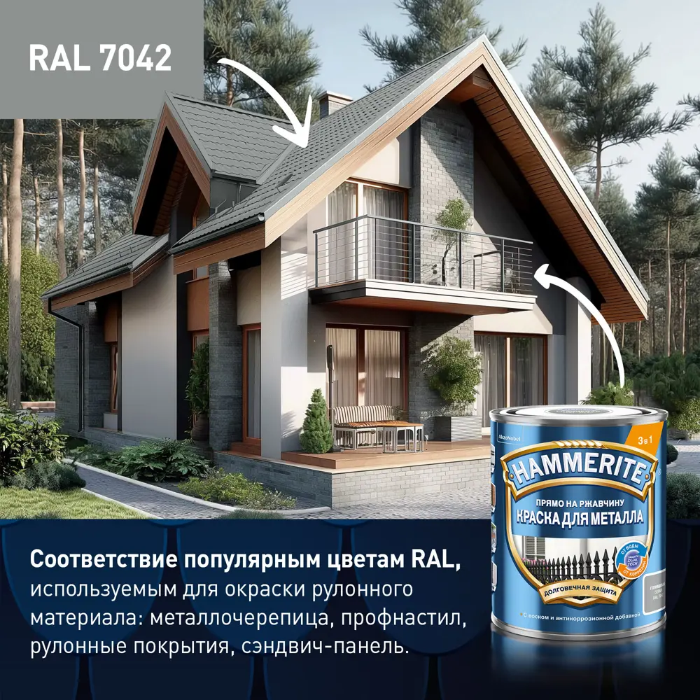 Hammerite 3в1 - антикоррозийная краска по ржавчине, серая 2л 87815377 STLM-0075827 - Вид №6