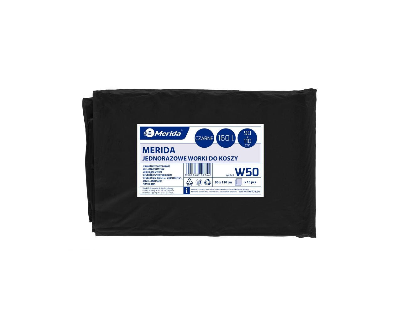 W50 Одноразовые мешки для мусора, 90 x 110 см, вместимость 160 л, в упаковке 10 шт., ЧЕРНЫЕ, LDPE Merida 
