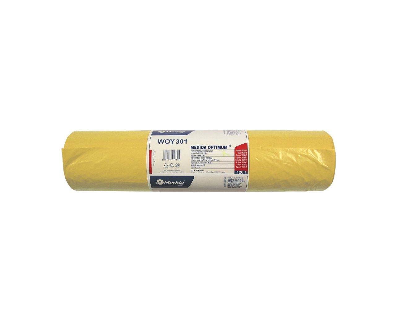 WOY301 Одноразовые мешки для мусора ОПТИМУМ, 70 x 110 см, вместимость 120 л, рулон 50 шт, ЖЕЛТЫЕ, HDPE/LDPE Merida 