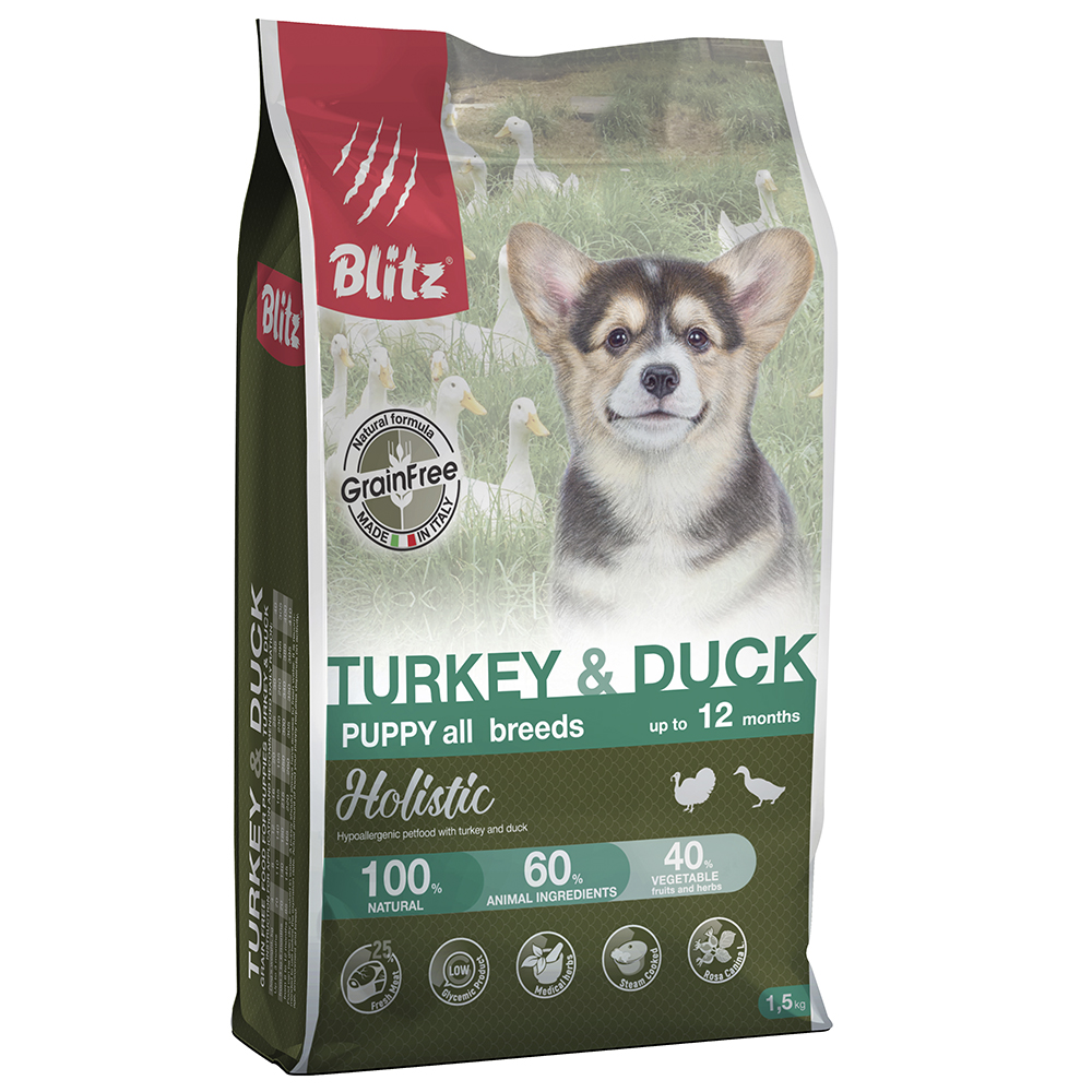 ПР0055622 Корм для щенков Holistic беззерновой индейка, утка сух. 1,5кг Blitz 