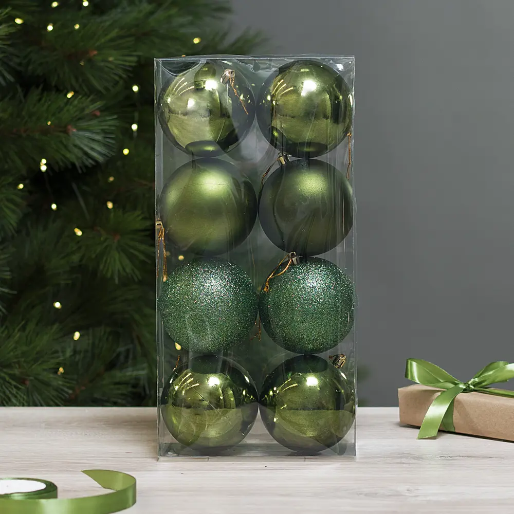 Набор елочных шаров KREAFORTA зеленые с блестками 8 шт. ø10 см 89420546 STLM-1580058