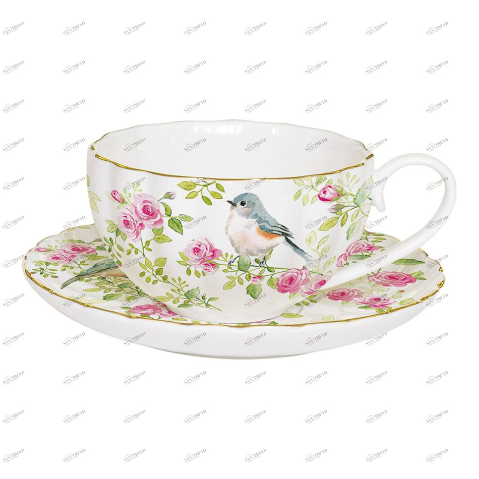 Чашка фарфоровая с блюдцем белая с розовым в подарочной упаковке "Птицы в саду" EASY LIFE ПТИЦЫ В САДУ 00-3946861 Белый;розовый 