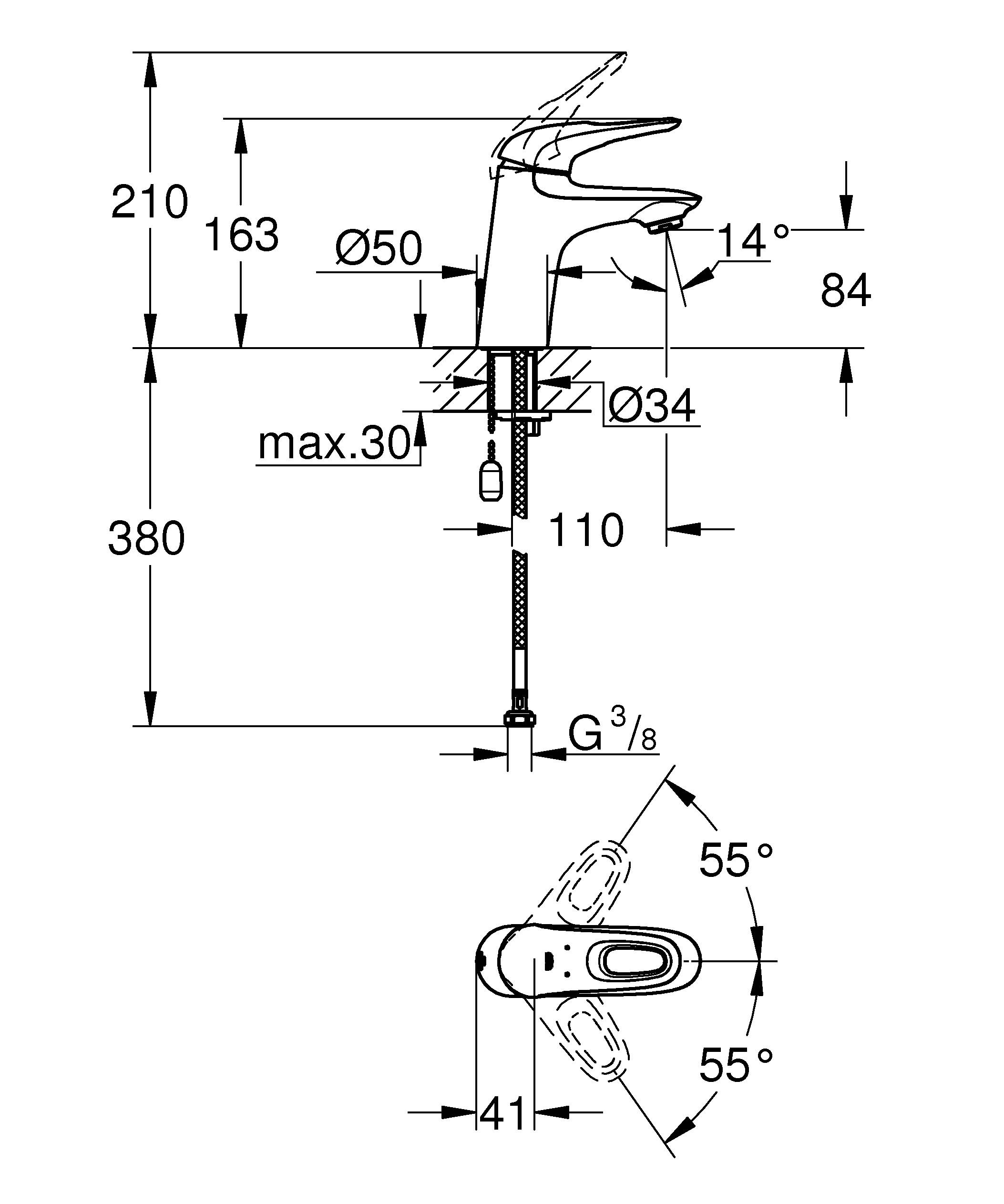 Смеситель для раковины GROHE Eurostyle с цепочкой, хром (23566003) - Вид №1