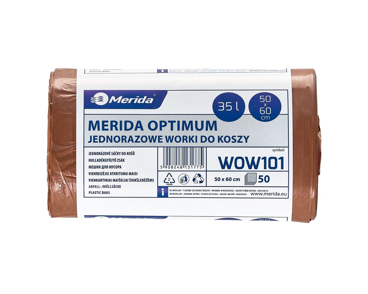 WOW101 Одноразовые мешки для мусора OPTIMUM, 50 x 60 см, вместимость 35 л, рулон 50, КОРИЧНЕВЫЙ, HDPE/LDPE Merida 