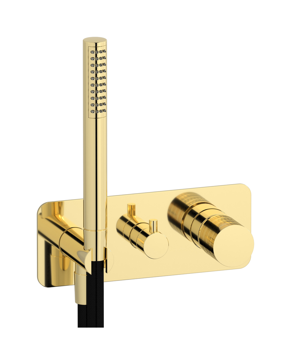 Внешние части встроенного в стену смесителя на 2 потребителя в комплекте с душевым гарнитуром. WE ARE IB vn706cc Pale Gold Vinile