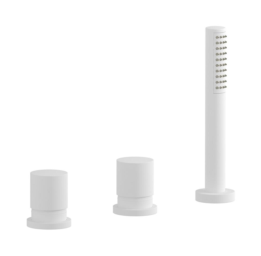 Смеситель на бортик ванной на 3 отверстия с изливом, дивертером и душевым гарнитуром. WE ARE IB rr397bo Matt White Brera