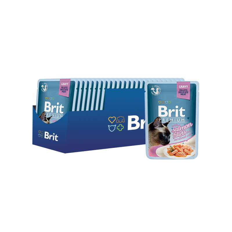 ПР0047472*24 Корм для кошек Premium Cat Gravy для стерилизованных Кусочки из филе лосося в соусе пауч 85г (упаковка - 24 шт) Brit 