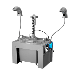03453 Комплект 2 шт. автоматических смесителей для холодной или температурно-подготовленной воды, с интегрированным автоматическим дозатором мыла, центральный 6 л бачок для мыла, 230 В SANELA