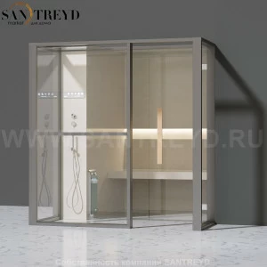 Effegibi LOGICAFILO H LO31010016 Хаммам. Установка: в правый  полуугол. Левая дверь. Мощность: 4,5 кВт макс. Размеры: длина 214 см, ширина 250 см. Отделка: матовый лакированный серый аллюминий и бежевый ламинат из керамогранита.