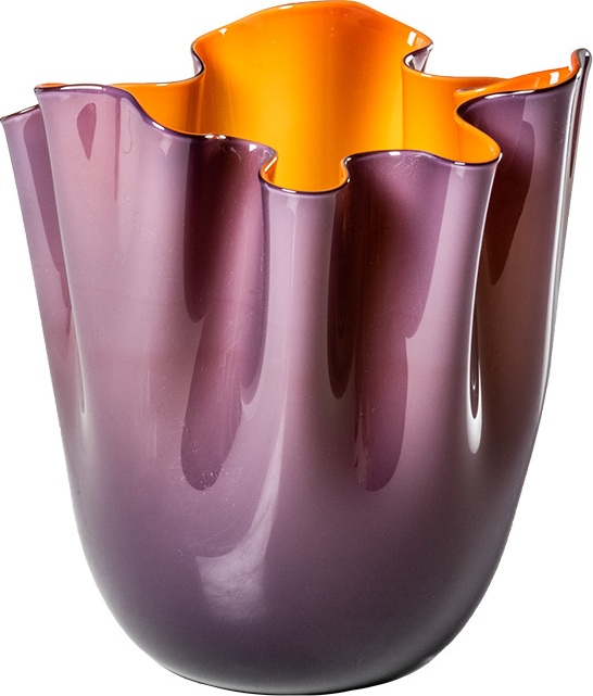 10640941 VENINI Ваза Venini "Фаццолетто Опалино" 24х20см (Фульвио Бьянкони, Паоло Венини), 1948г (индиго, оранжевая) Стекло 