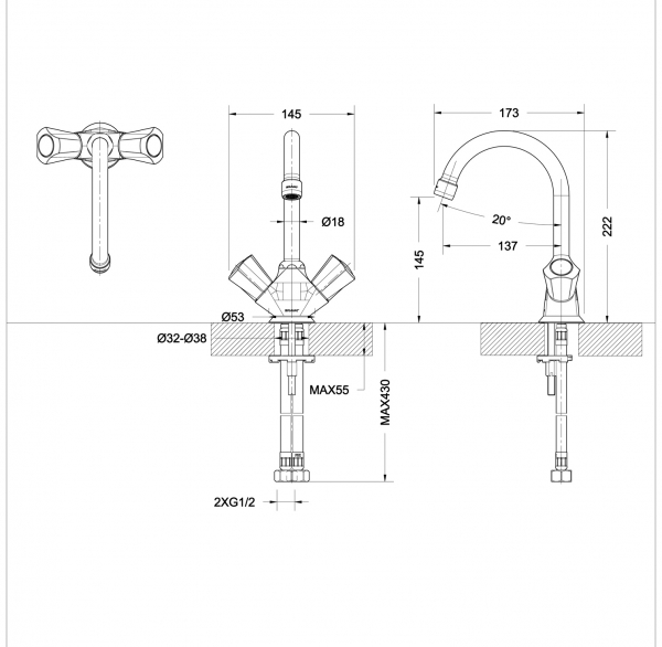 Смеситель для ванной комнаты на раковину высокий DUO F1133186CP-RUS bravat - Вид №2