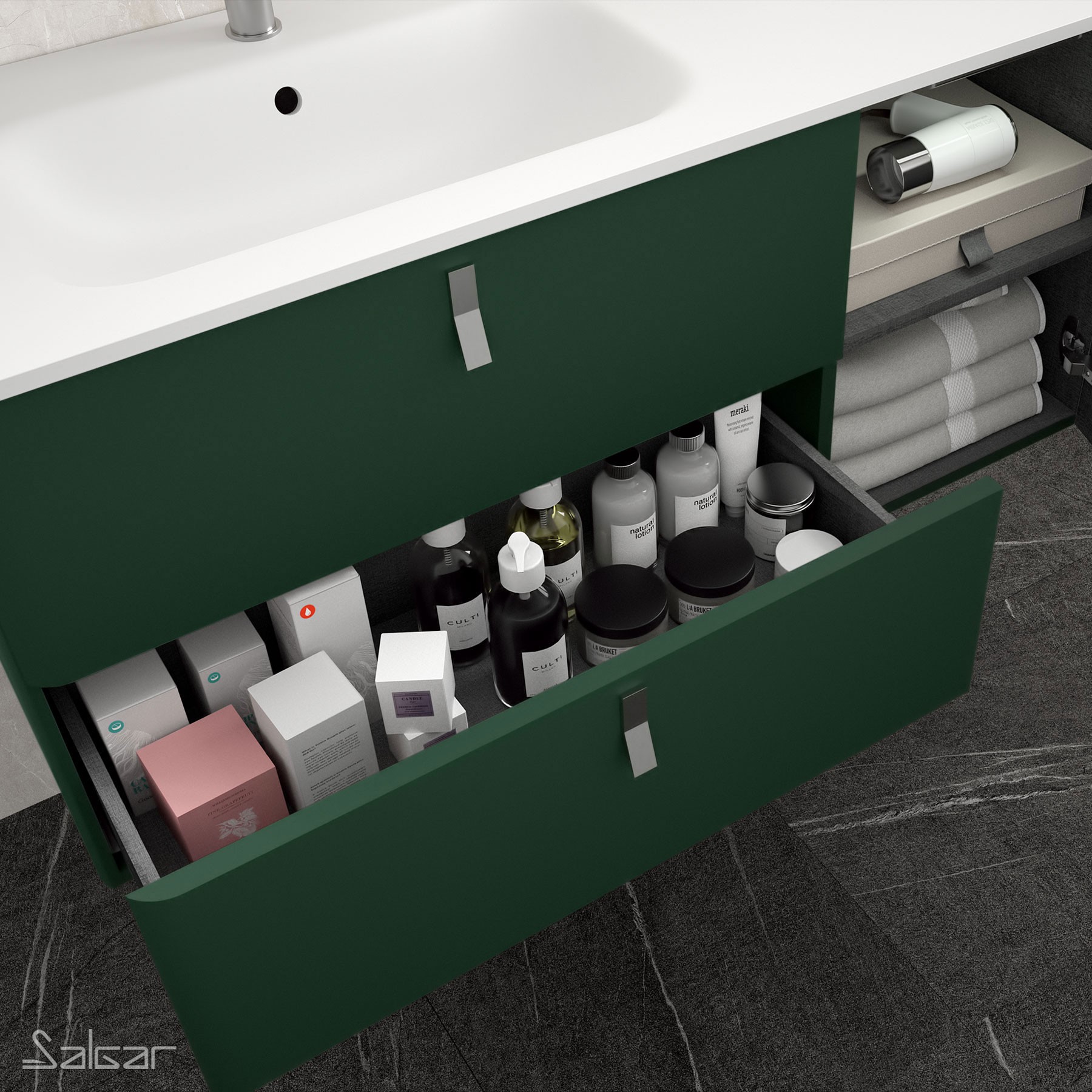 83098 SALGAR Мебель для умывальника UNIIQ 1200 ROYAL GREEN правая 1 дверца и 2 ящика с мягким закрыванием 1194 x 540 x 450 мм Королевский зеленый  - Вид №2
